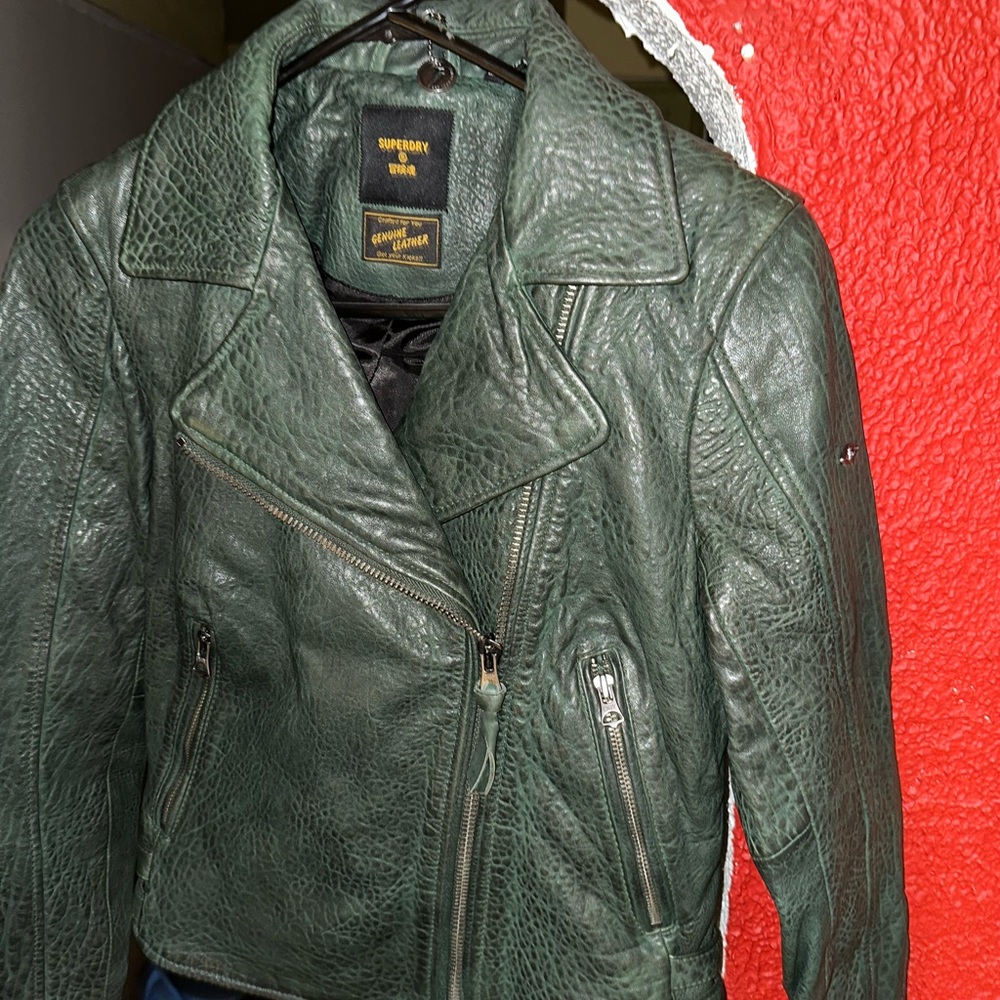 Hunter Green leather, superdry jacket with zipper